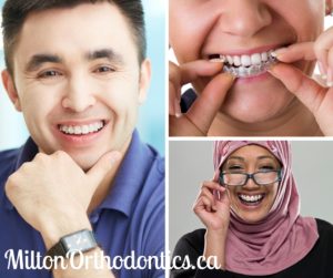 A collage of photos: An adult male wearing ceramic braces, a woman with hijab wearing clear braces and a woman placing her invisalign retainer on her upper part of her mouth